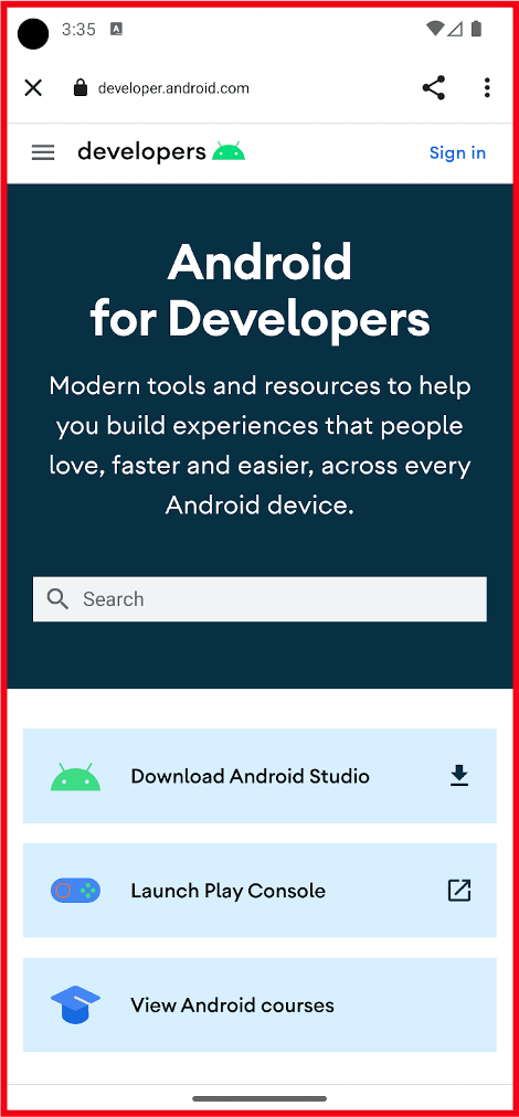 Pestaña personalizada abierta en la página web de Android for Developers, destacada en un cuadro rojo.