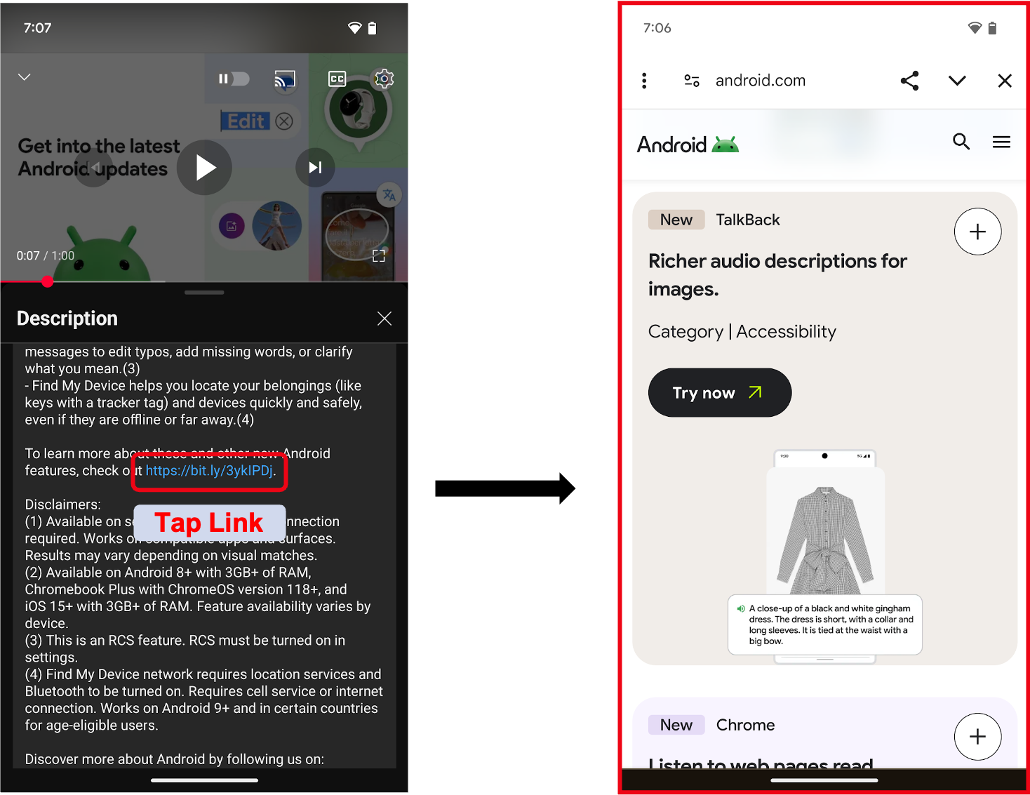 Página web con un vínculo en la app en un cuadro rojo a la izquierda y un navegador en la app a la derecha.