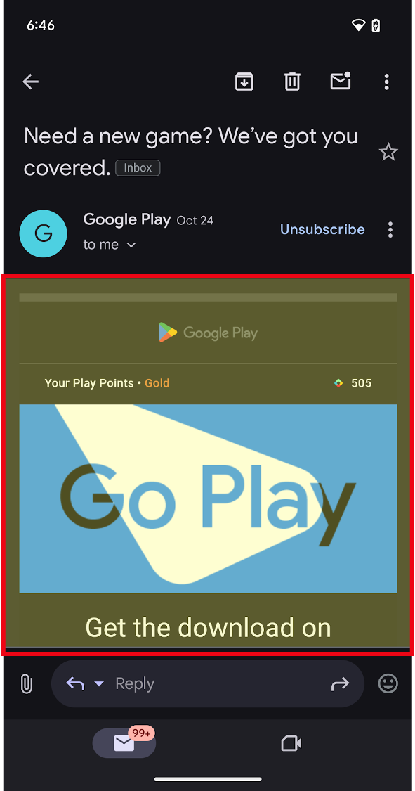 Google Play&#39;e yönlendiren Android uygulaması. Birincil web görünümü kırmızı bir kutu içinde vurgulanmıştır.